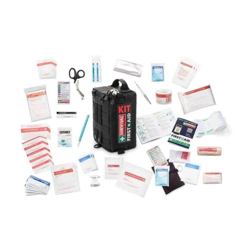 100+ piece vehicle emergency first aid kit in a compact zippered case with organized medical supplies for roadside emergencies, travel, camping, and outdoor safety.