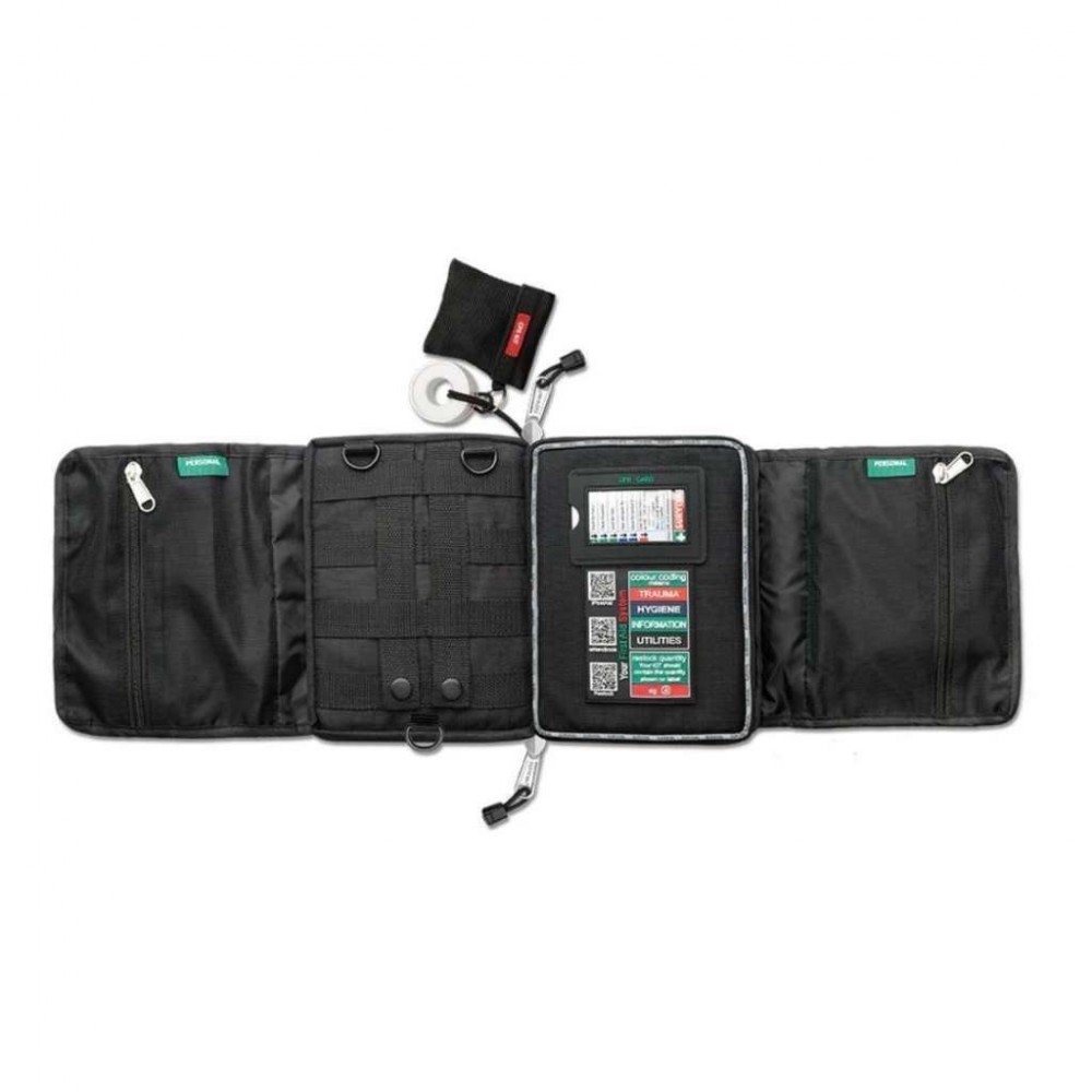 100+ piece vehicle emergency first aid kit in a compact zippered case with organized medical supplies for roadside emergencies, travel, camping, and outdoor safety.