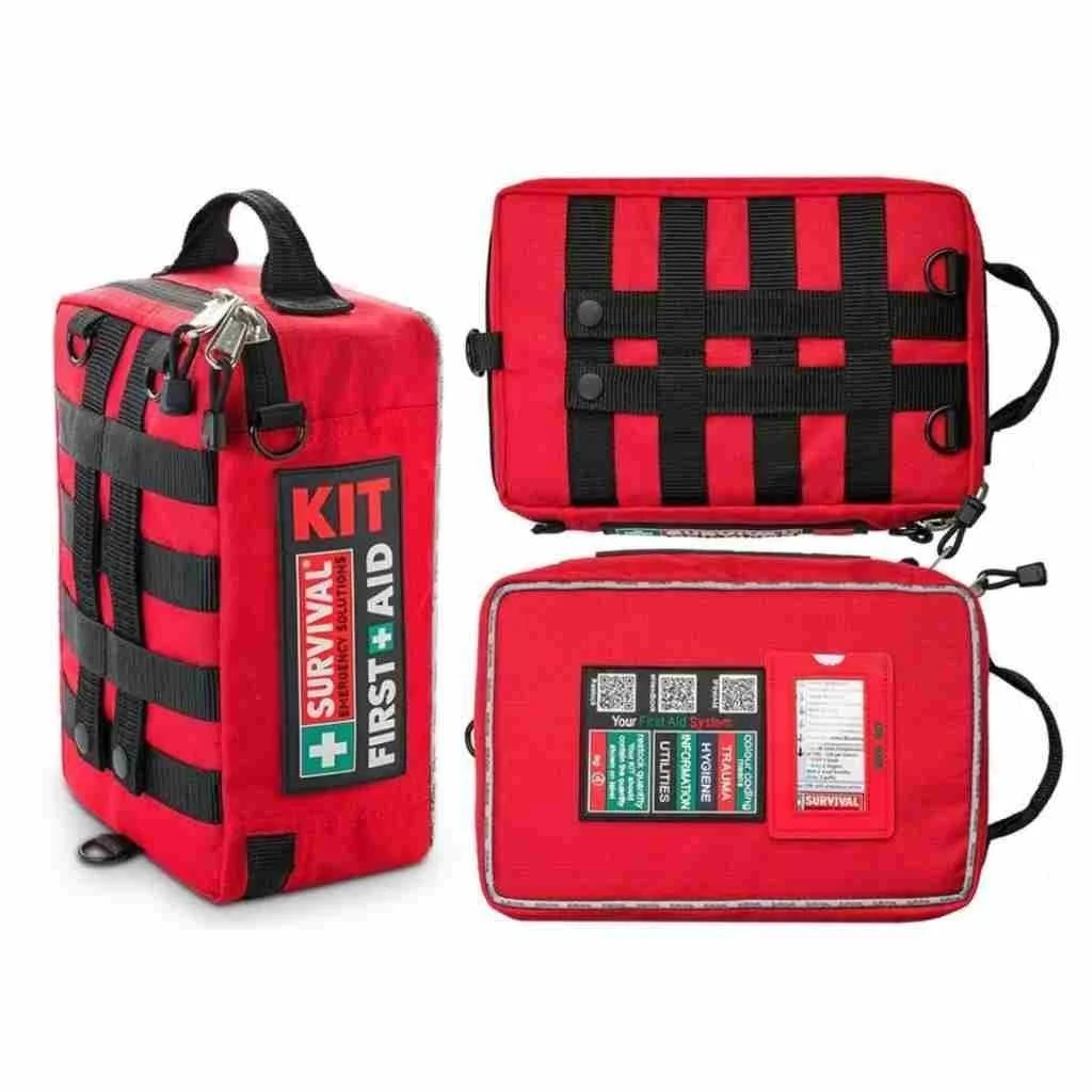 SURVIVAL Workplace First Aid Kit in a durable red zippered case with organized medical supplies for offices, job sites, warehouses, schools, and emergency preparedness.