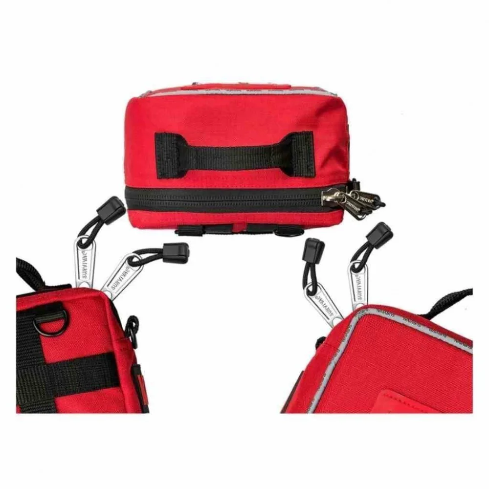 SURVIVAL Workplace First Aid Kit in a durable red zippered case with organized medical supplies for offices, job sites, warehouses, schools, and emergency preparedness.