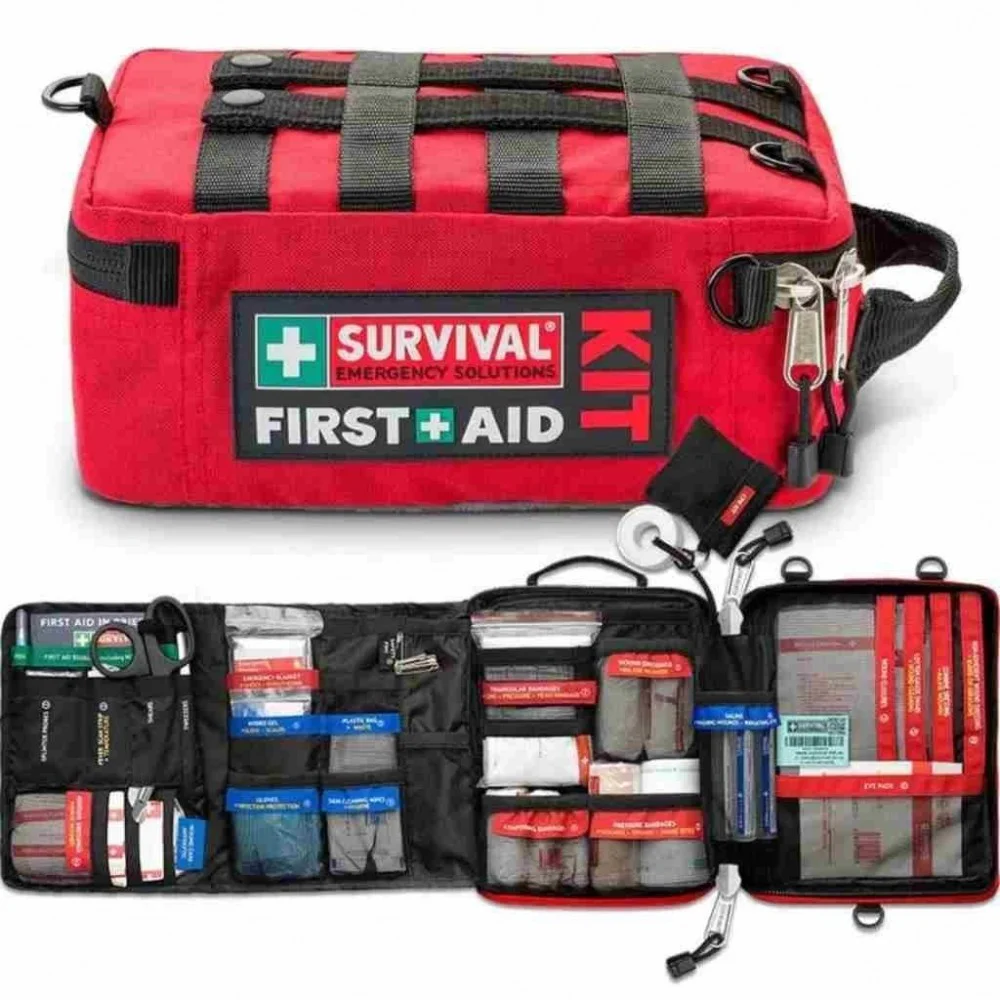 SURVIVAL Workplace First Aid Kit in a durable red zippered case with organized medical supplies for offices, job sites, warehouses, schools, and emergency preparedness.