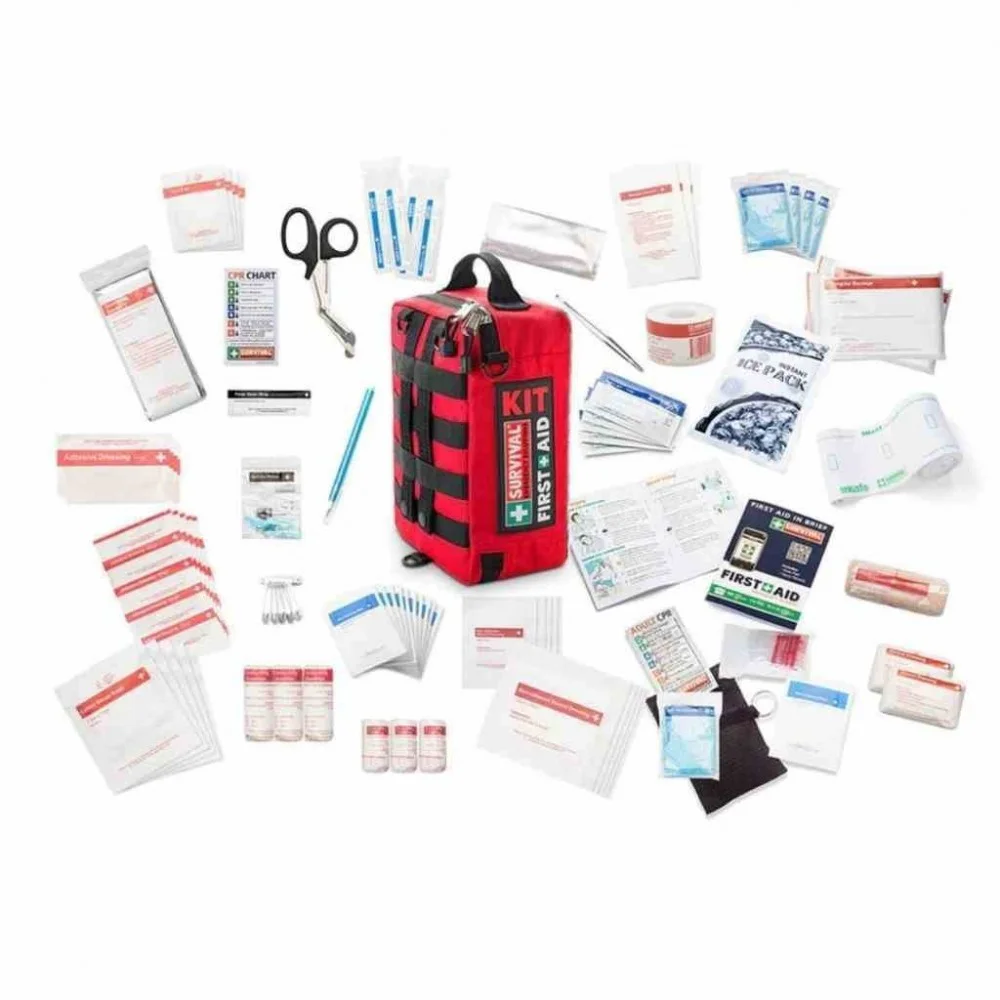 SURVIVAL Workplace First Aid Kit in a durable red zippered case with organized medical supplies for offices, job sites, warehouses, schools, and emergency preparedness.