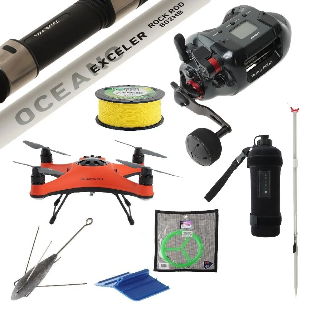 FD1S Shimano Plays Drone Fishing Package FD1S fishing drone package with Shimano Plays electric reel, fishing rod, braided line and fishing accessories