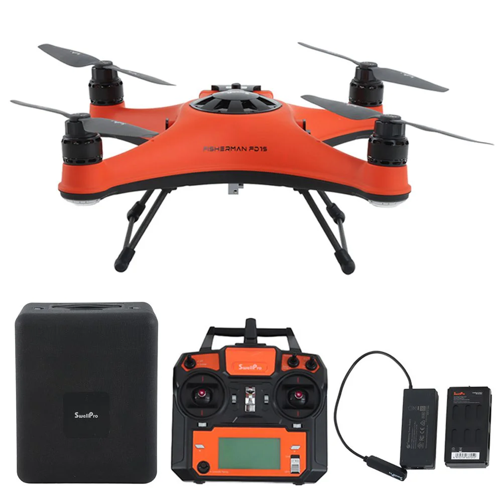 Fisherman FD1S waterproof fishing drone pack with orange drone, remote controller, battery, charger and carry case
