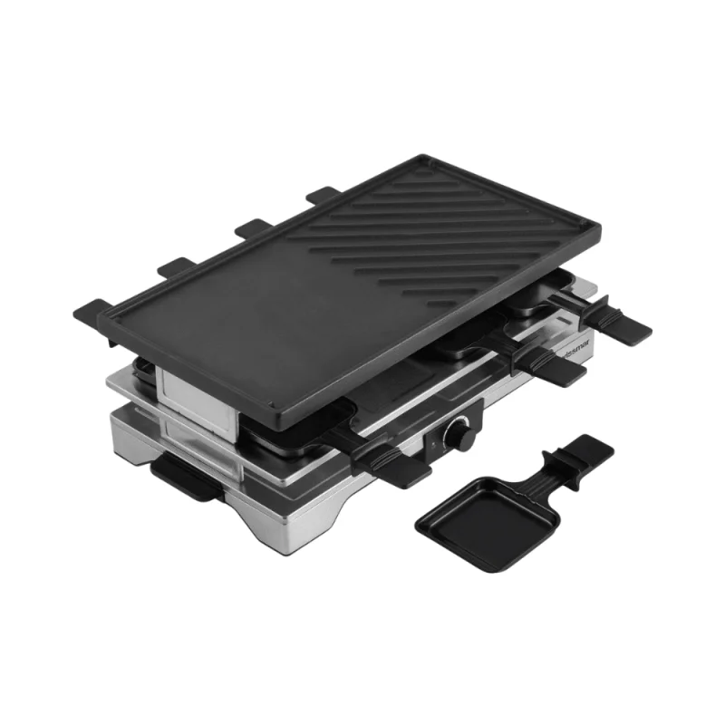Swissmar Verso 8 person raclette grill with reversible cast iron grill and griddle top, individual raclette pans and adjustable heat control for indoor or outdoor dining.