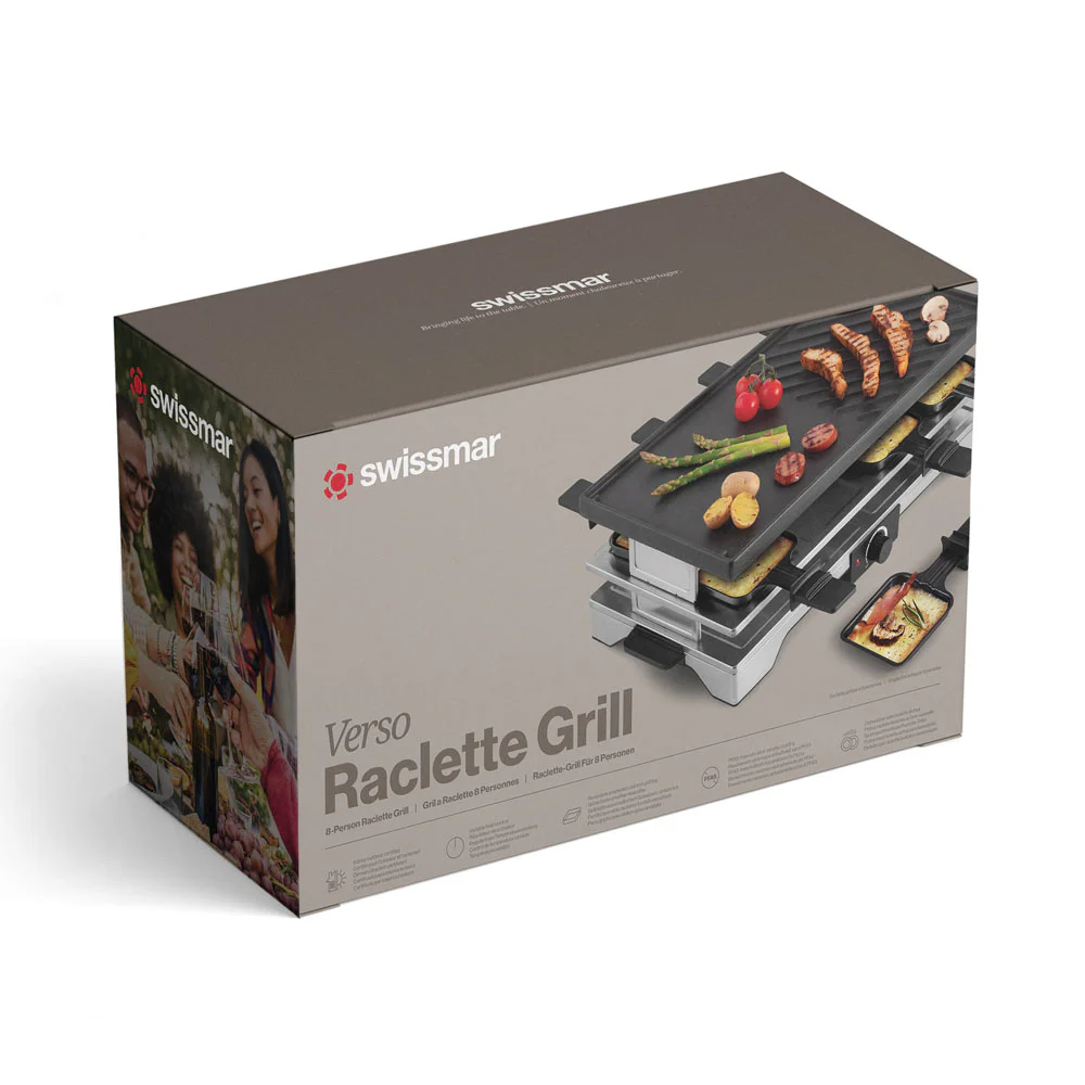 Swissmar Verso 8 person raclette grill with reversible cast iron grill and griddle top, individual raclette pans and adjustable heat control for indoor or outdoor dining.