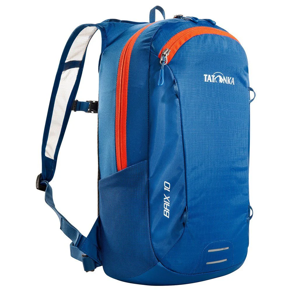 Tatonka Baix Bike 10L cycling backpack in blue with orange zip accents, including a 2L hydration bladder, ventilated shoulder straps, side stretch pocket, and lightweight design for mountain biking, cycling, and trail riding.
