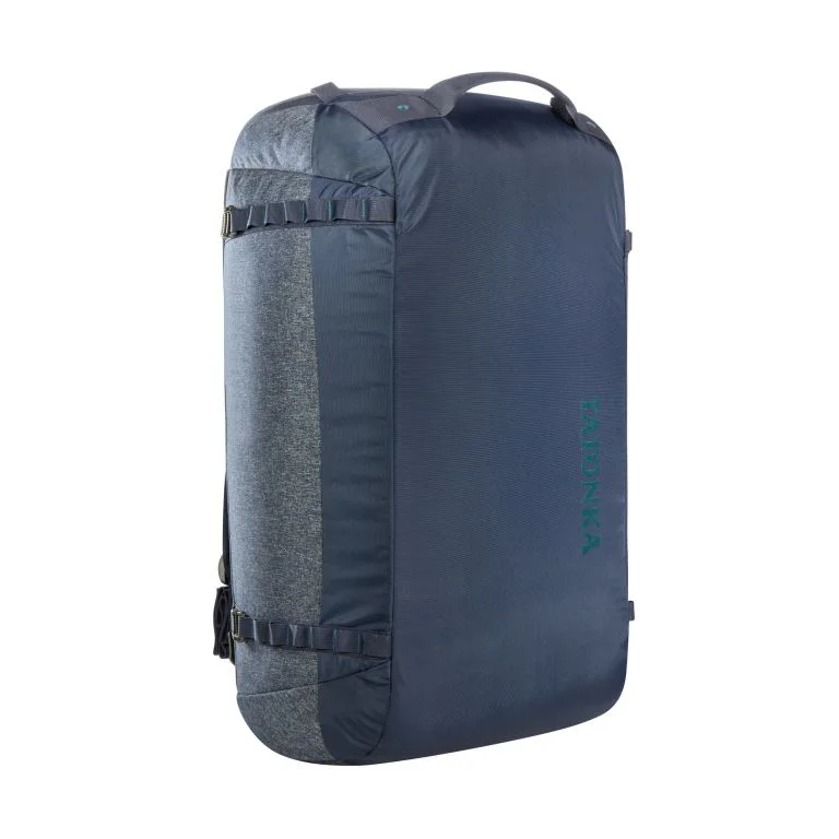 65L foldable duffle bag and backpack in navy blue and grey with a large main compartment, compression straps, top carry handle, and convertible backpack straps for travel, camping, and outdoor adventures.