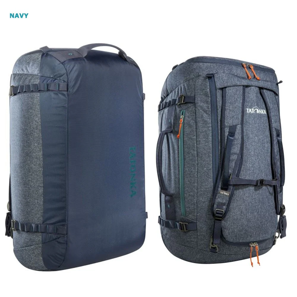 Foldable Duffle Bag / Backpack – 65L 65L foldable duffle bag and backpack in navy blue and grey with a large main compartment, compression straps, top carry handle, and convertible backpack straps for travel, camping, and outdoor adventures.