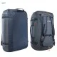 Foldable Duffle Bag / Backpack – 65L 65L foldable duffle bag and backpack in navy blue and grey with a large main compartment, compression straps, top carry handle, and convertible backpack straps for travel, camping, and outdoor adventures.