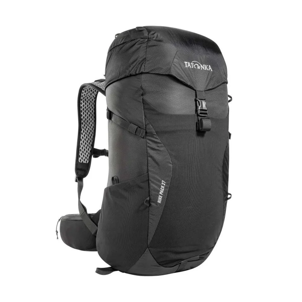 Tatonka Hike Pack 27L tramping backpack in black with padded shoulder straps, hip belt, front compression straps and top-loading hiking design.