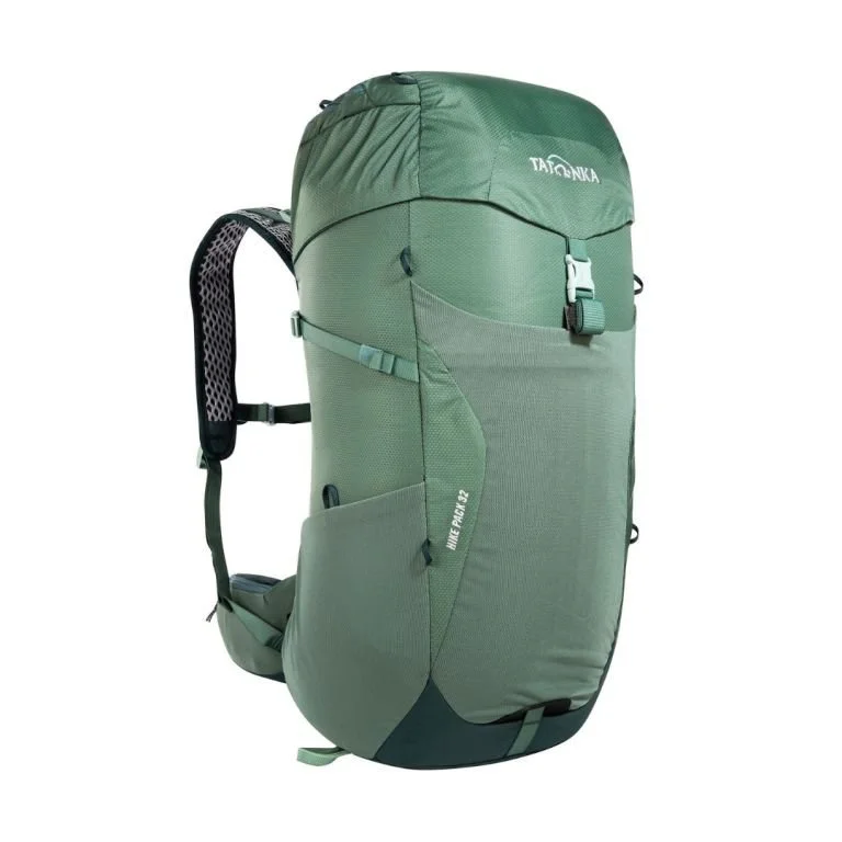 Tatonka 32L hiking backpack in green with a lightweight ergonomic design, padded shoulder straps, adjustable hip belt, side stretch pockets, and spacious top-loading compartment for hiking, trekking, and outdoor adventures.
