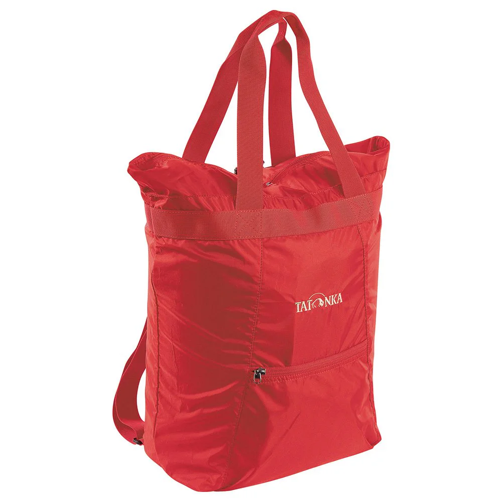 Lightweight red shopping bag with dual carry handles, convertible backpack straps, front zip pocket, and foldable design for shopping, travel, and everyday use.