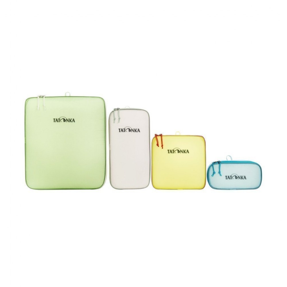 Tatonka SQZY storage pouch set featuring four lightweight zippered travel organisers in assorted sizes and colours.
