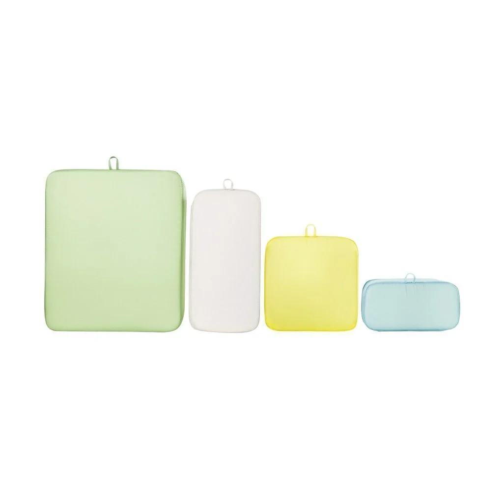Tatonka SQZY storage pouch set featuring four lightweight zippered travel organisers in assorted sizes and colours.
