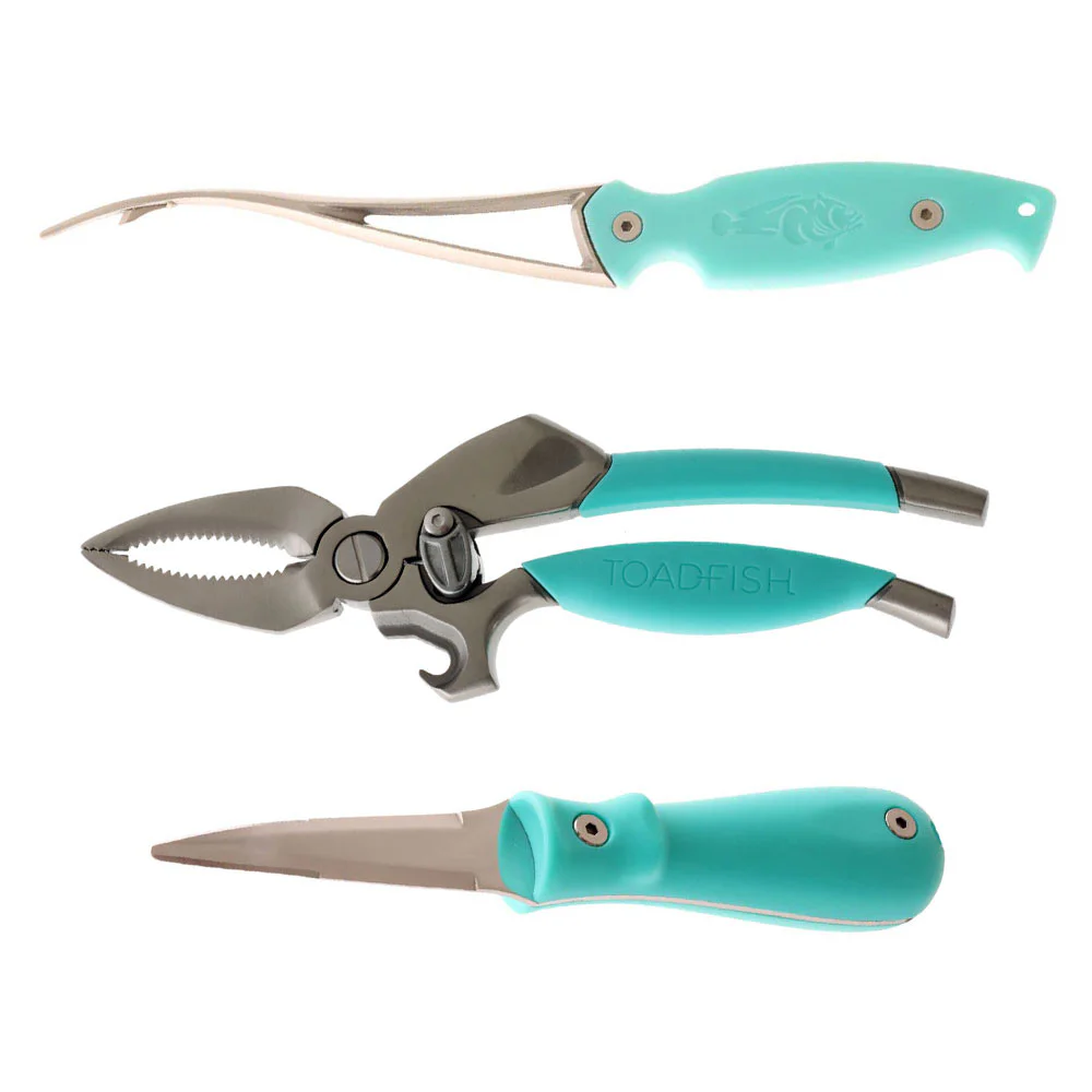 Toadfish Coastal Kitchen Collection – 3 Piece Seafood Tool Set Toadfish Coastal Kitchen Collection featuring three stainless steel seafood tools with aqua handles, including seafood shears, pliers and a precision tool.