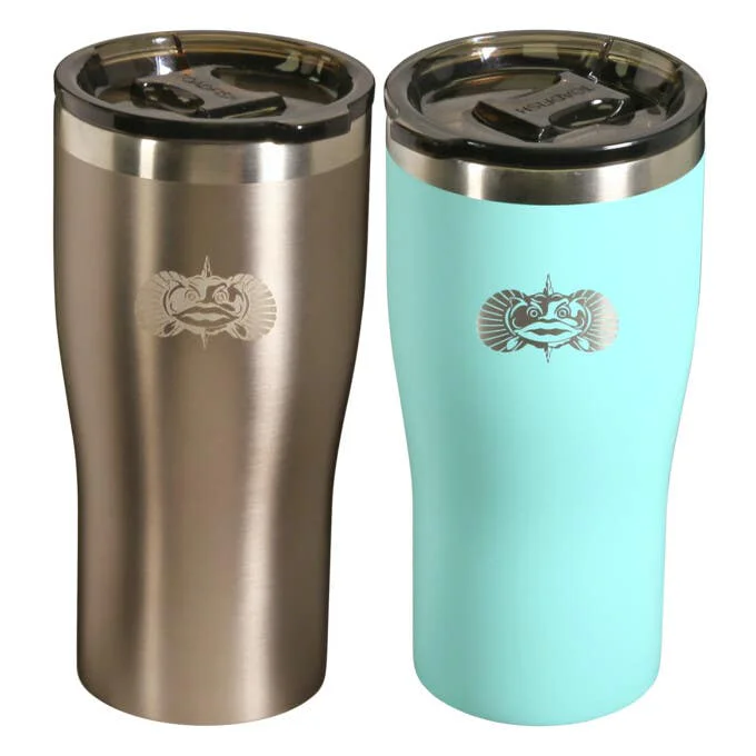 Two Toadfish non-tipping insulated tumblers with lids, shown in stainless steel and aqua finishes with Toadfish logos.