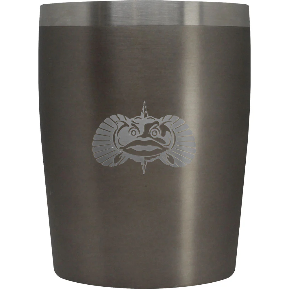 Toadfish 295ml non-tipping rocks travel mug with double-wall insulation, brushed stainless steel finish and Toadfish logo.