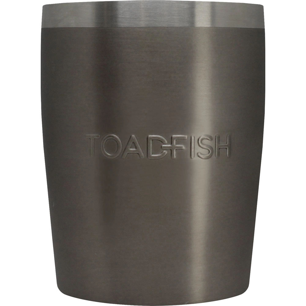 Toadfish 295ml non-tipping rocks travel mug with double-wall insulation, brushed stainless steel finish and Toadfish logo.
