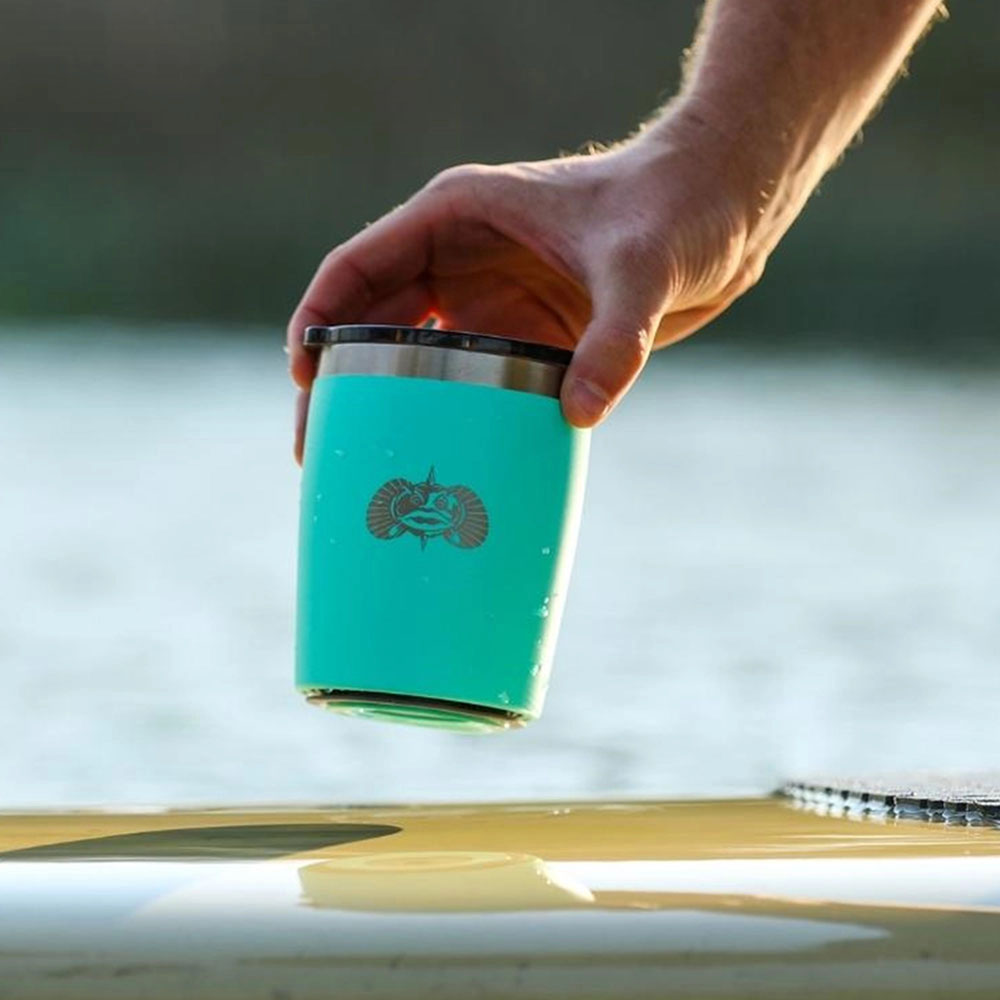 Toadfish 295ml non-tipping rocks travel mug with double-wall insulation, brushed stainless steel finish and Toadfish logo.