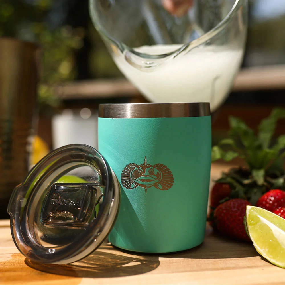 Toadfish 295ml non-tipping rocks travel mug with double-wall insulation, brushed stainless steel finish and Toadfish logo.