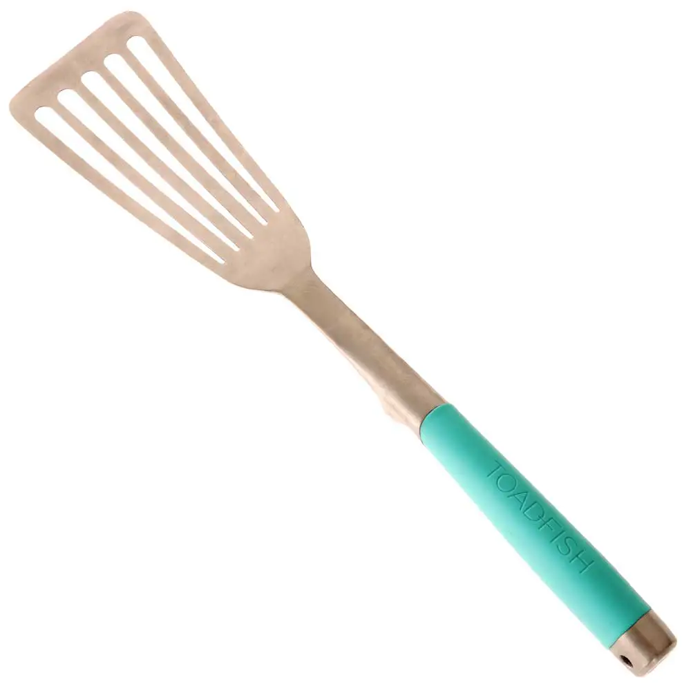 Toadfish Ultimate BBQ Spatula with Spoon Rest Toadfish Ultimate BBQ spatula with slotted stainless steel head, aqua non-slip handle and integrated spoon rest.