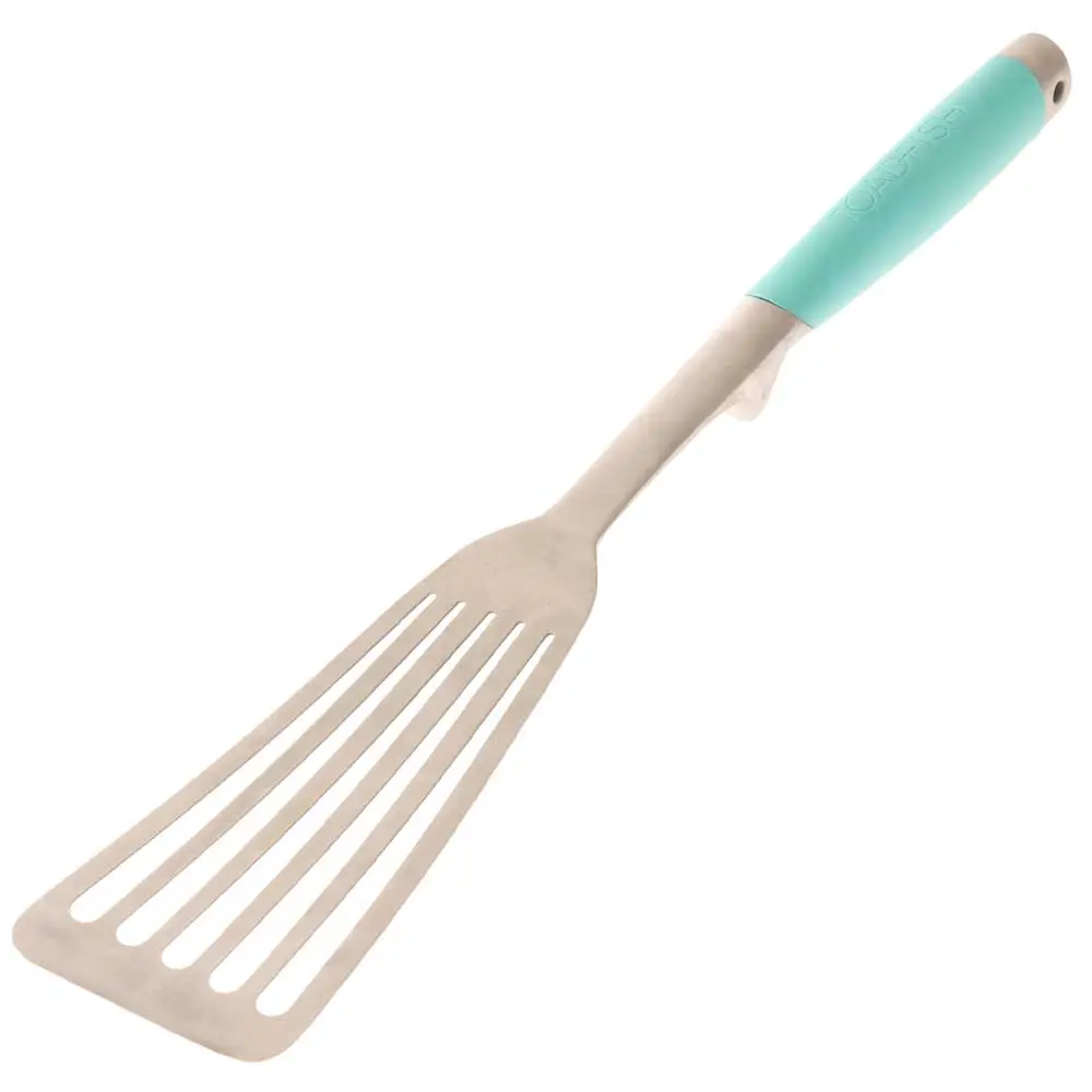 Toadfish Ultimate BBQ Spatula with Spoon Rest Toadfish Ultimate BBQ spatula with slotted stainless steel head, aqua non-slip handle and integrated spoon rest.