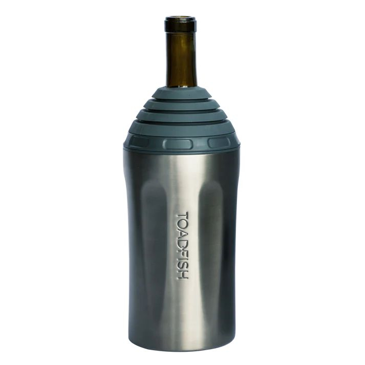 Toadfish Wine Chiller in graphite finish with insulated stainless steel body, shown holding a wine bottle beside its retail packaging.