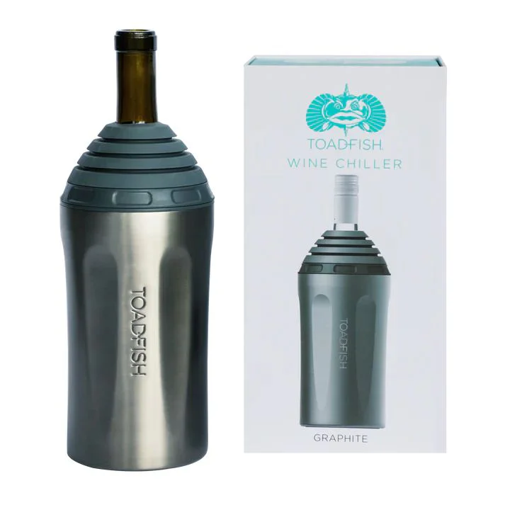 Toadfish Wine Chiller in graphite finish with insulated stainless steel body, shown holding a wine bottle beside its retail packaging.