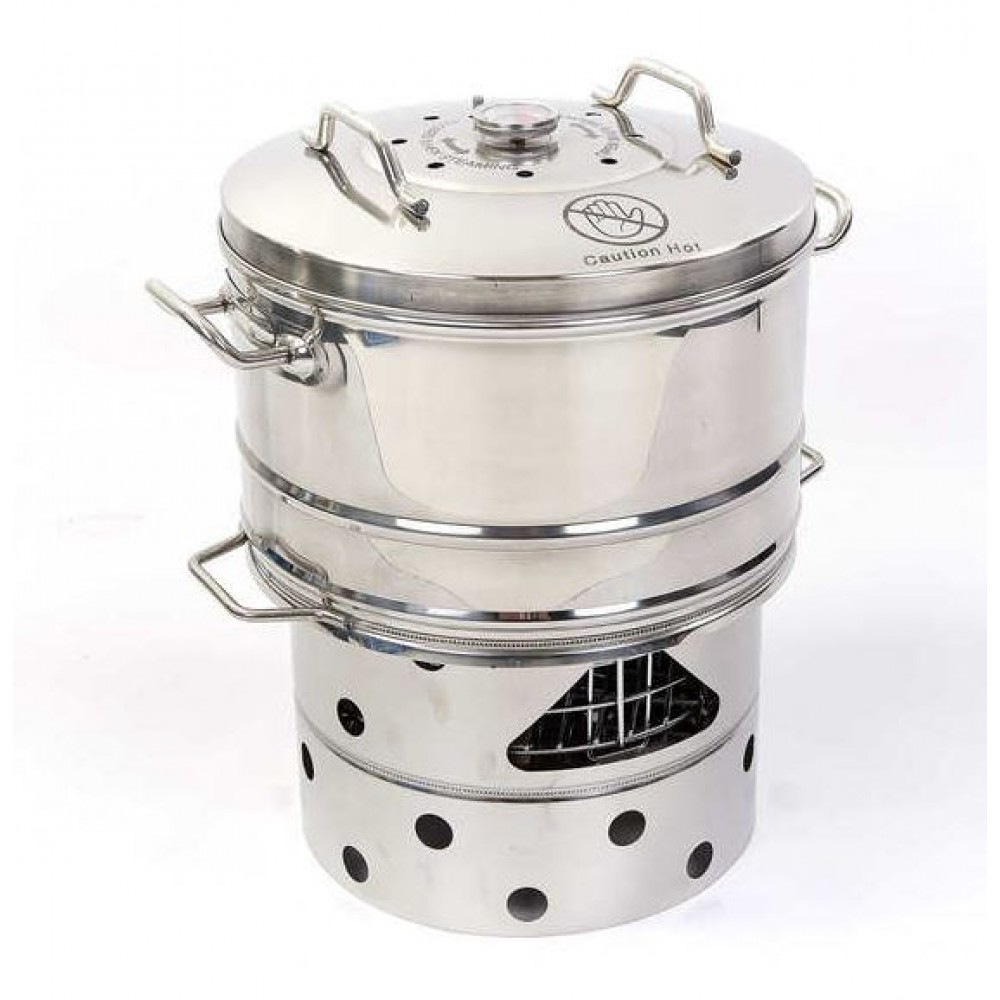 UFO Carbon Cooker portable stainless steel camping stove with integrated cooking pot, multi-fuel carbon heating system and compact design for camping, outdoor cooking, emergency preparedness and off-grid use