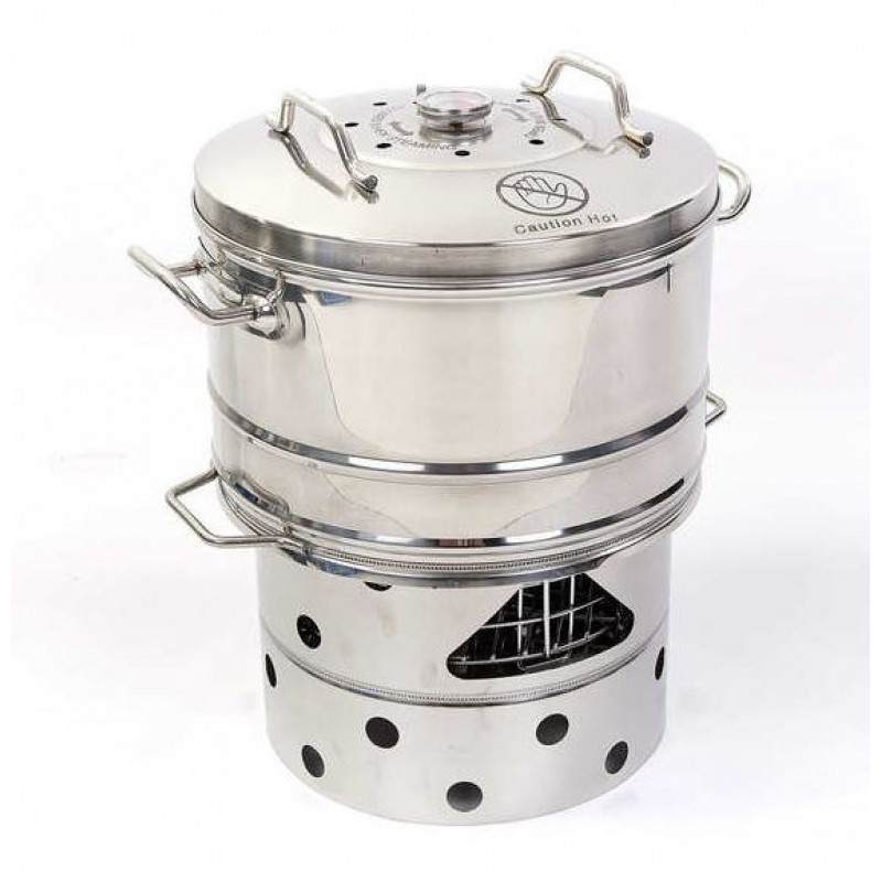 UFO Carbon Cooker portable stainless steel camping stove with integrated cooking pot, multi-fuel carbon heating system and compact design for camping, outdoor cooking, emergency preparedness and off-grid use
