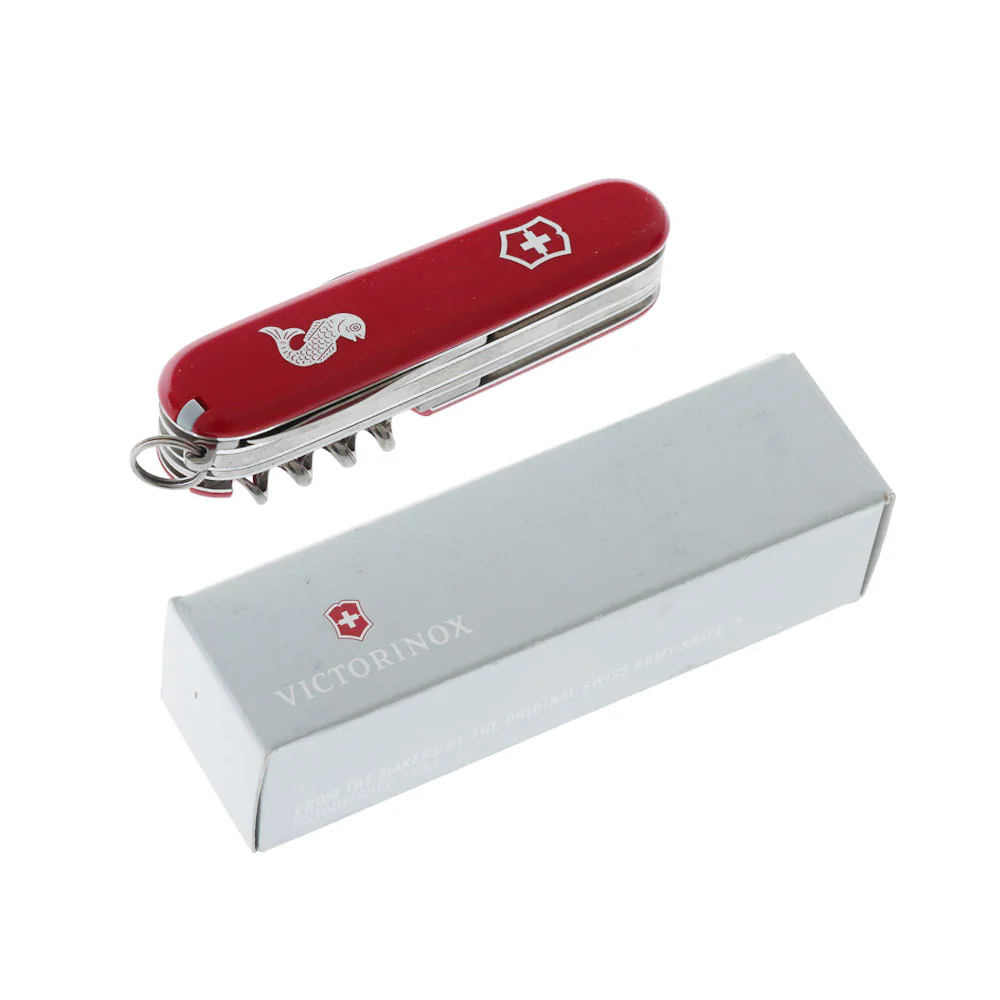 Victorinox Angler Swiss Army Knife featuring a classic 91mm red handle and specialized fishing-focused multi-tool design. This Swiss-made pocket knife includes large and small stainless steel blades, fish scaler with hook disgorger and ruler markings, pli
