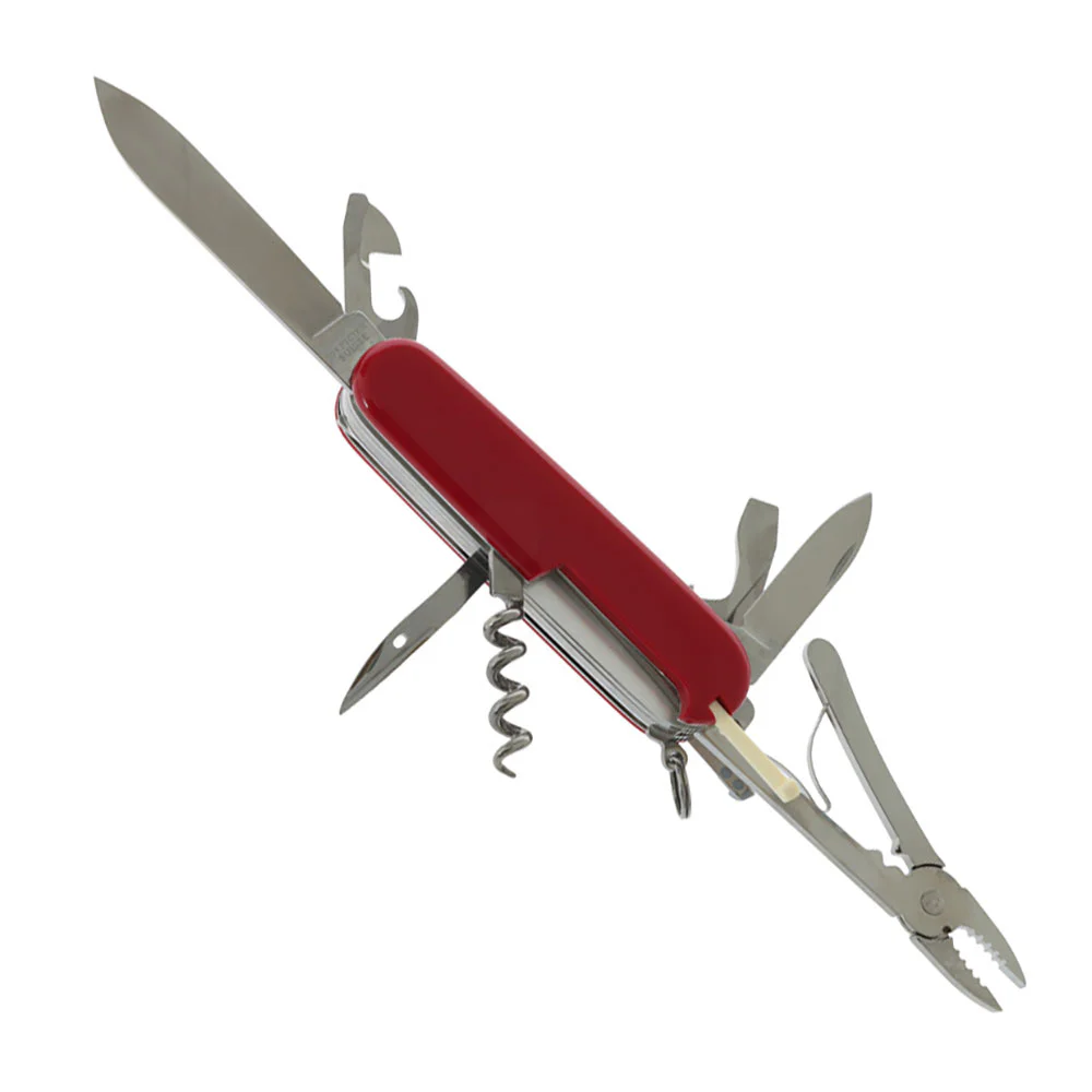 Victorinox Angler Swiss Army Knife featuring a classic 91mm red handle and specialized fishing-focused multi-tool design. This Swiss-made pocket knife includes large and small stainless steel blades, fish scaler with hook disgorger and ruler markings, pli