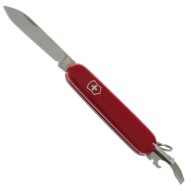 Victorinox Bantam multi-tool pocket knife featuring a slim 84mm red handle and lightweight Swiss Army Knife design. This compact everyday carry tool includes a large stainless steel blade and the versatile combination tool that functions as a bottle opene