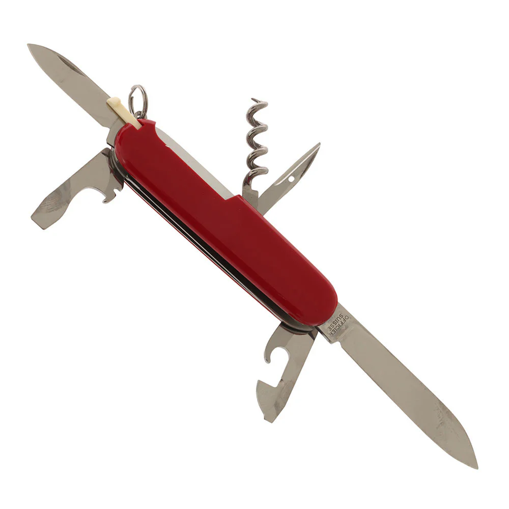 Victorinox Camper Swiss Army Knife 91mm Red Victorinox Camper Swiss Army Knife featuring a classic 91mm red handle and a versatile collection of essential outdoor tools. This Swiss-made multi-tool includes large and small stainless steel blades, a wood saw, can opener, bottle opener, flathead screw