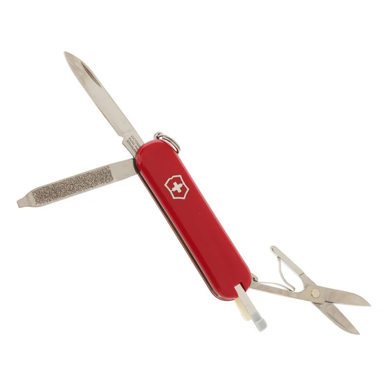 Victorinox Classic SD multi-tool pocket knife featuring a compact 58mm red handle and iconic Swiss Army Knife design. This lightweight everyday carry tool includes a small stainless steel blade, precision scissors, nail file with screwdriver tip, key ring