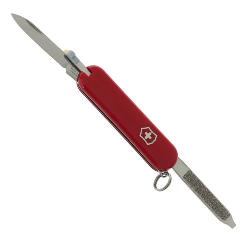 Victorinox Escort multi-tool pocket knife featuring a compact 58mm red handle and classic Swiss Army Knife design. This lightweight keychain-sized tool includes a small stainless steel blade, nail file with screwdriver tip, key ring, tweezers, and toothpi