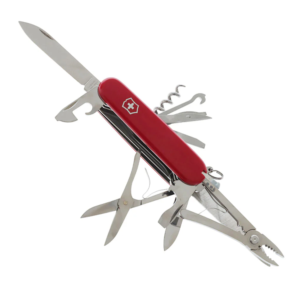 Victorinox Handyman Swiss Army Knife featuring a classic 91mm red handle and an extensive collection of versatile tools for everyday use and outdoor adventures. This Swiss-made multi-tool includes large and small blades, pliers with wire cutters, wood saw