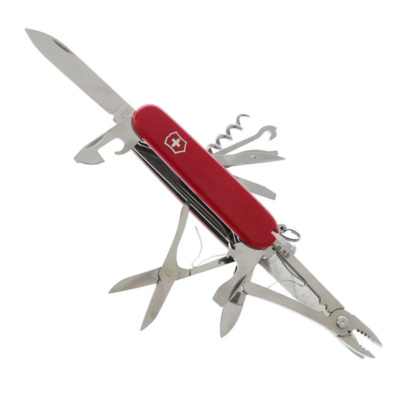 Victorinox Handyman Swiss Army Knife featuring a classic 91mm red handle and an extensive collection of versatile tools for everyday use and outdoor adventures. This Swiss-made multi-tool includes large and small blades, pliers with wire cutters, wood saw