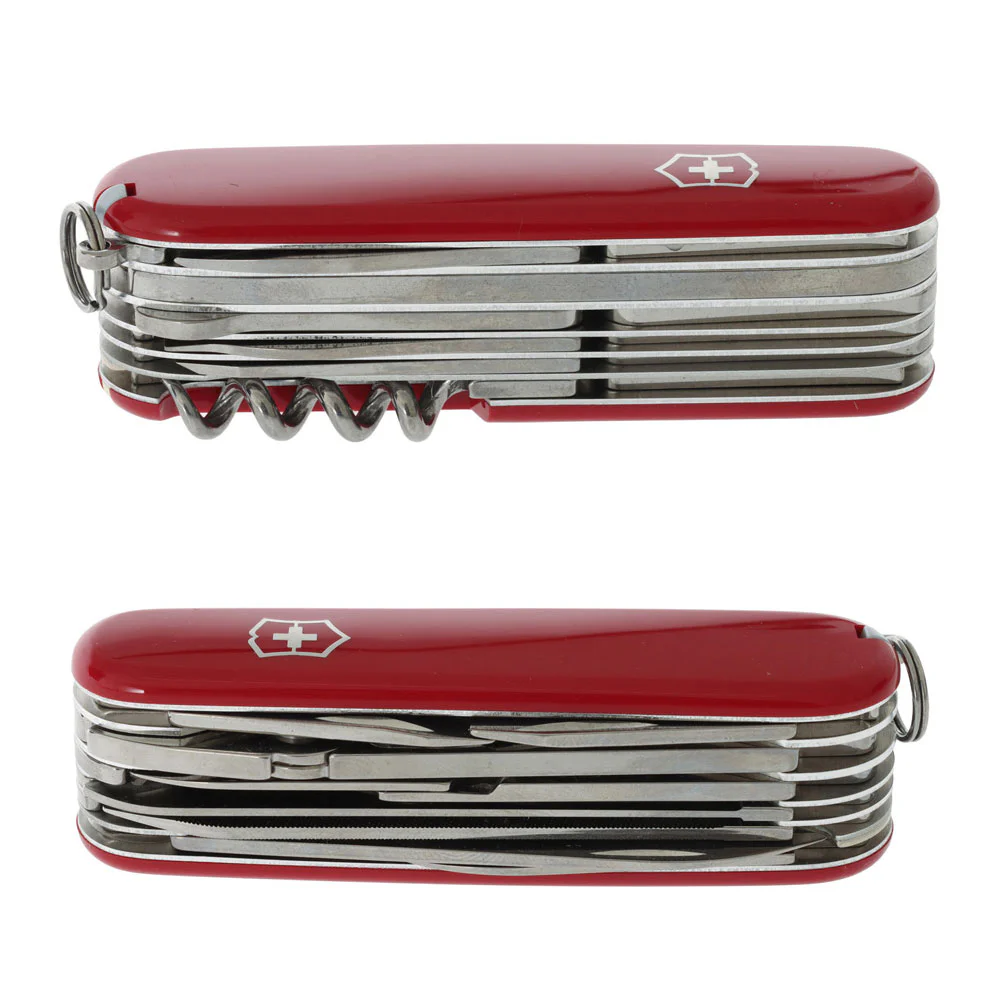 Victorinox Handyman Swiss Army Knife featuring a classic 91mm red handle and an extensive collection of versatile tools for everyday use and outdoor adventures. This Swiss-made multi-tool includes large and small blades, pliers with wire cutters, wood saw