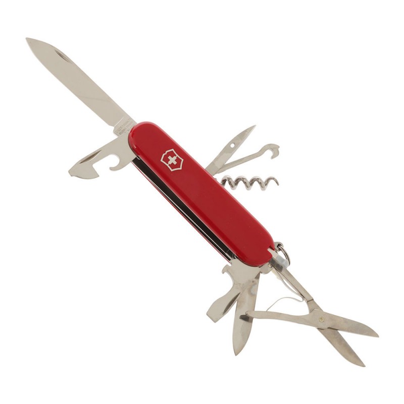Victorinox Huntsman Swiss Army Knife with a classic 91mm red handle and versatile multi-tool design. This Swiss-made pocket knife includes a large blade, small blade, wood saw, scissors, can opener, bottle opener, screwdrivers, wire stripper, corkscrew, m