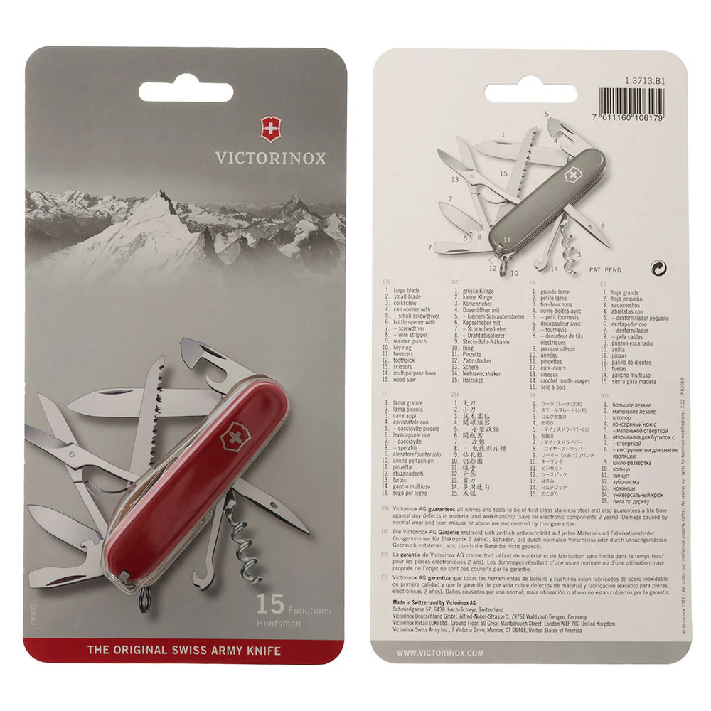 Victorinox Huntsman Swiss Army Knife 91mm Red Victorinox Huntsman Swiss Army Knife with a classic 91mm red handle and versatile multi-tool design. This Swiss-made pocket knife includes a large blade, small blade, wood saw, scissors, can opener, bottle opener, screwdrivers, wire stripper, corkscrew, m