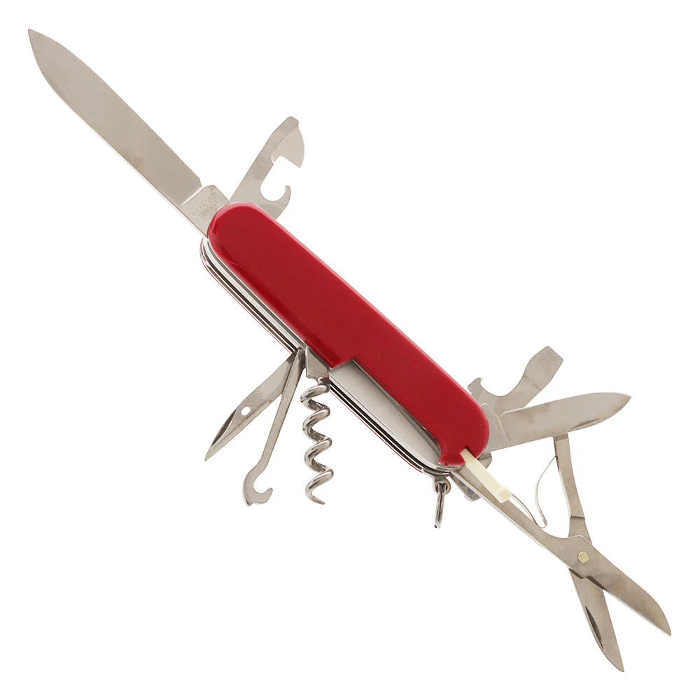 Victorinox Huntsman Swiss Army Knife 91mm Red Victorinox Huntsman Swiss Army Knife with a classic 91mm red handle and versatile multi-tool design. This Swiss-made pocket knife includes a large blade, small blade, wood saw, scissors, can opener, bottle opener, screwdrivers, wire stripper, corkscrew, m