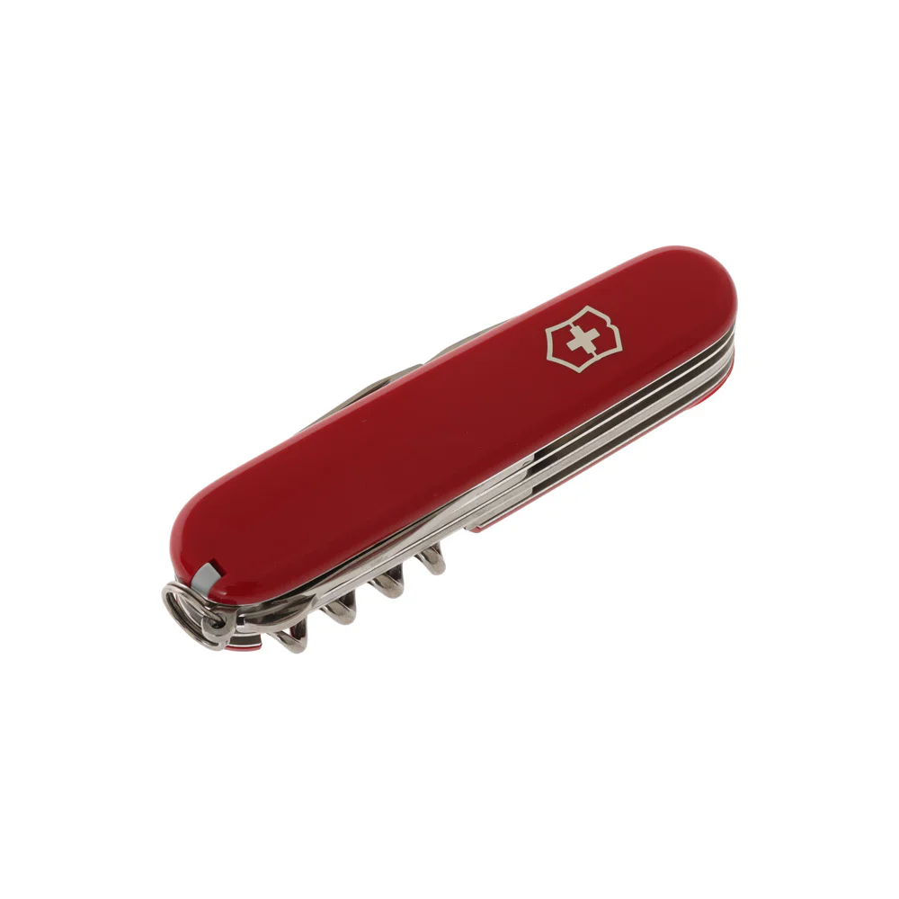 Victorinox Huntsman Swiss Army Knife 91mm Red Victorinox Huntsman Swiss Army Knife with a classic 91mm red handle and versatile multi-tool design. This Swiss-made pocket knife includes a large blade, small blade, wood saw, scissors, can opener, bottle opener, screwdrivers, wire stripper, corkscrew, m