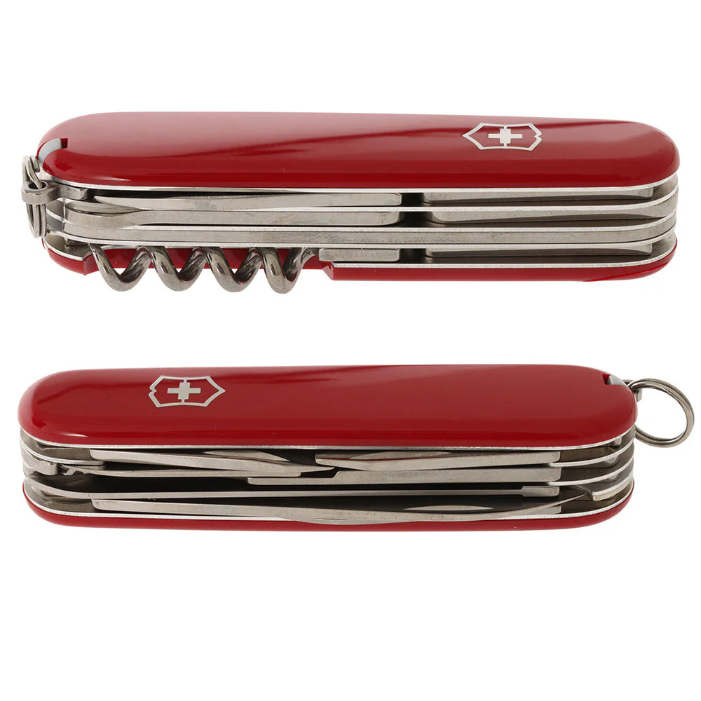 Victorinox Huntsman Swiss Army Knife 91mm Red Victorinox Huntsman Swiss Army Knife with a classic 91mm red handle and versatile multi-tool design. This Swiss-made pocket knife includes a large blade, small blade, wood saw, scissors, can opener, bottle opener, screwdrivers, wire stripper, corkscrew, m