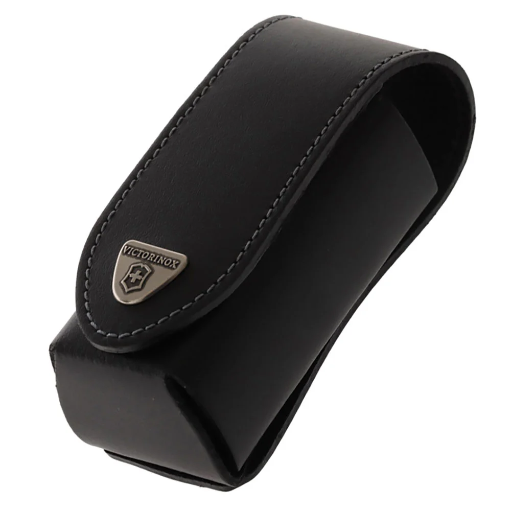 Victorinox leather belt pouch crafted from premium black leather and designed to securely carry Swiss Army Knives and multi-tools up to 94mm in length. Featuring durable construction, reinforced stitching, a protective flap closure, and an integrated belt
