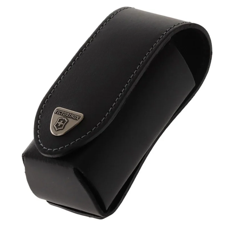 Victorinox leather belt pouch crafted from premium black leather and designed to securely carry Swiss Army Knives and multi-tools up to 94mm in length. Featuring durable construction, reinforced stitching, a protective flap closure, and an integrated belt