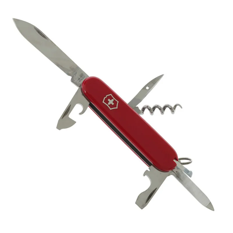 Victorinox Sportsman multi-tool pocket knife featuring a compact 84mm red handle and classic Swiss Army Knife design. This lightweight everyday carry tool includes a large blade, nail file with nail cleaner, can opener, bottle opener, flathead screwdriver
