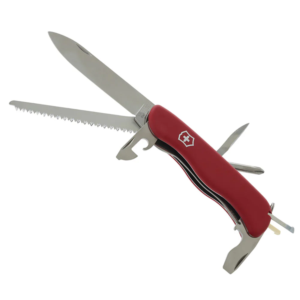 Victorinox Trailmaster Swiss Army Knife featuring a durable 111mm red handle and locking stainless steel blade designed for outdoor and utility tasks. This Swiss-made multi-tool includes a large blade, wood saw, can opener, bottle opener, flathead screwdr