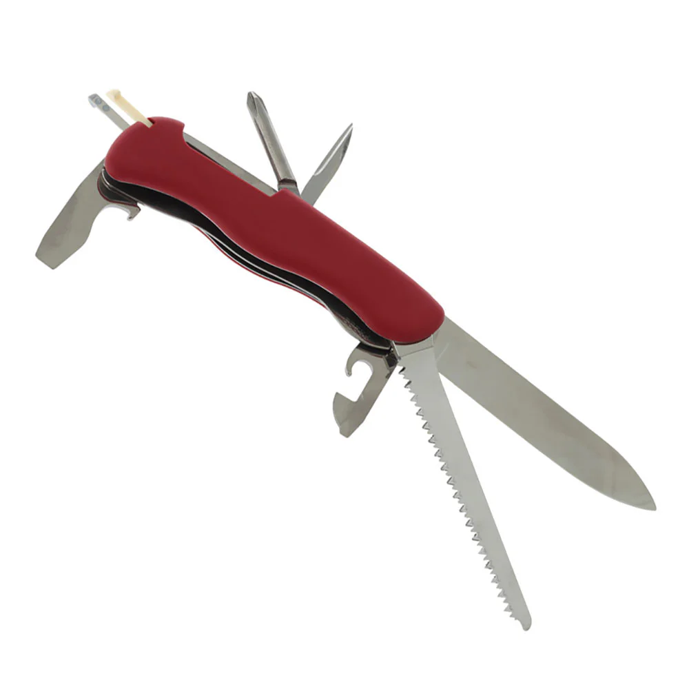 Victorinox Trailmaster Swiss Army Knife featuring a durable 111mm red handle and locking stainless steel blade designed for outdoor and utility tasks. This Swiss-made multi-tool includes a large blade, wood saw, can opener, bottle opener, flathead screwdr